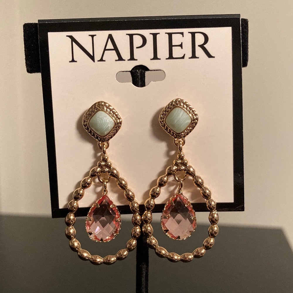 Napier Gold Teardrop Earrings with Pink Crystal and Mint Accent
